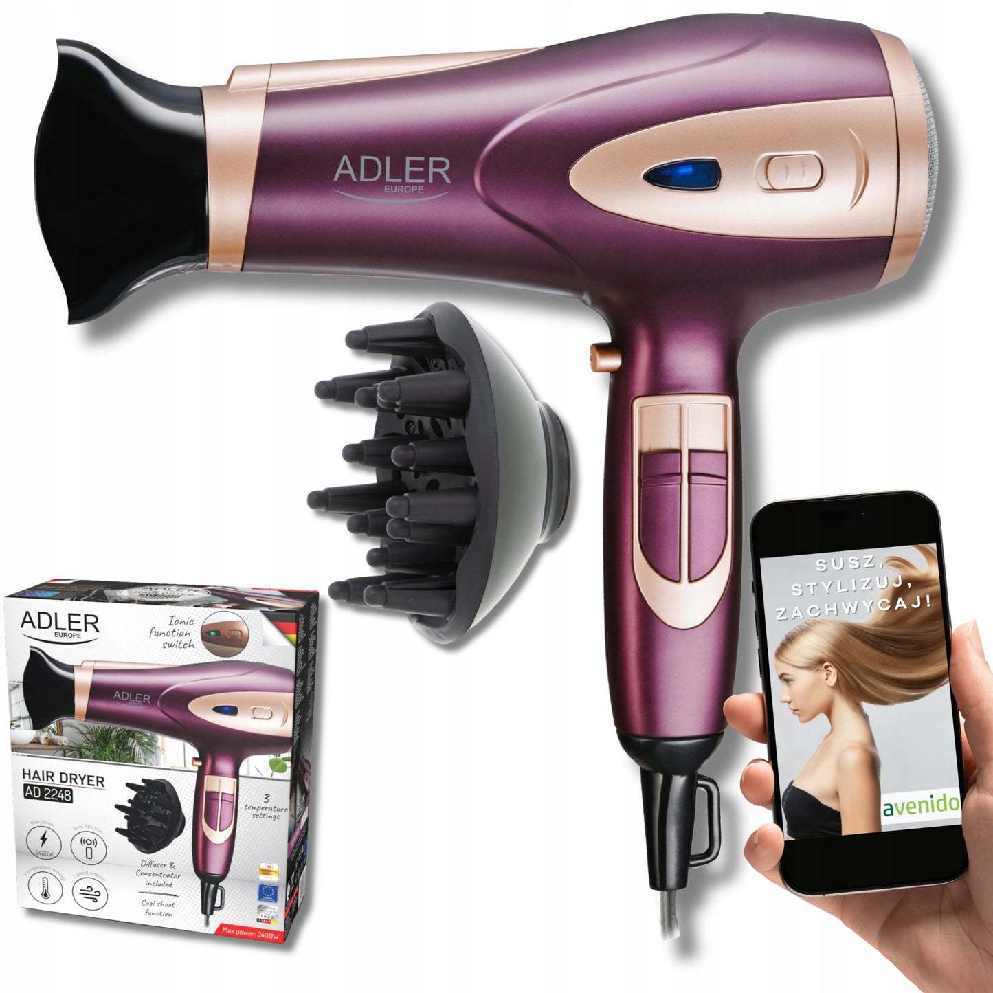 Plaukų džiovintuvas SU JONIZACIJA 2400W Šaltas pūtimas + Koncentratorius ir difuzorius