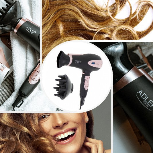 Plaukų džiovintuvas su difuzoriumi, jonizacija, šalto oro funkcija, 2400W, juodas