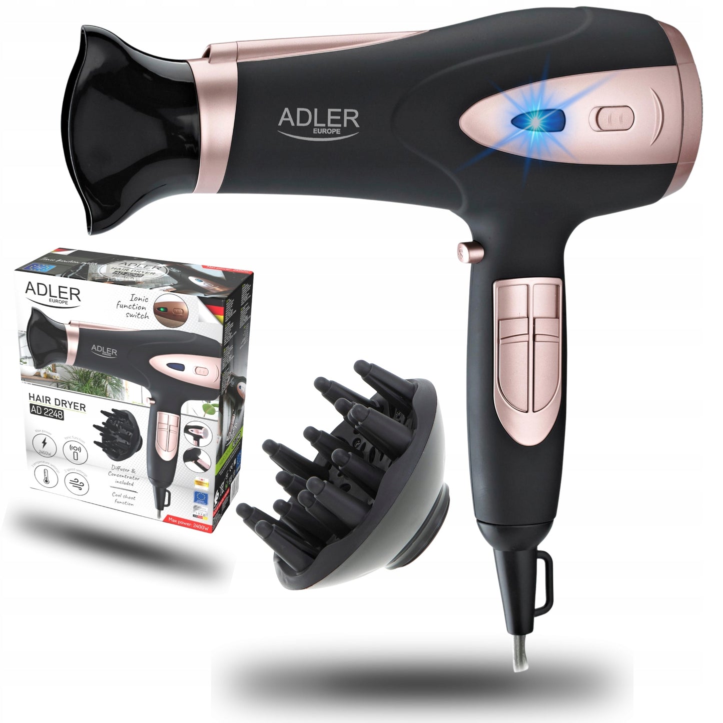 Plaukų džiovintuvas su difuzoriumi, jonizacija, šalto oro funkcija, 2400W, juodas