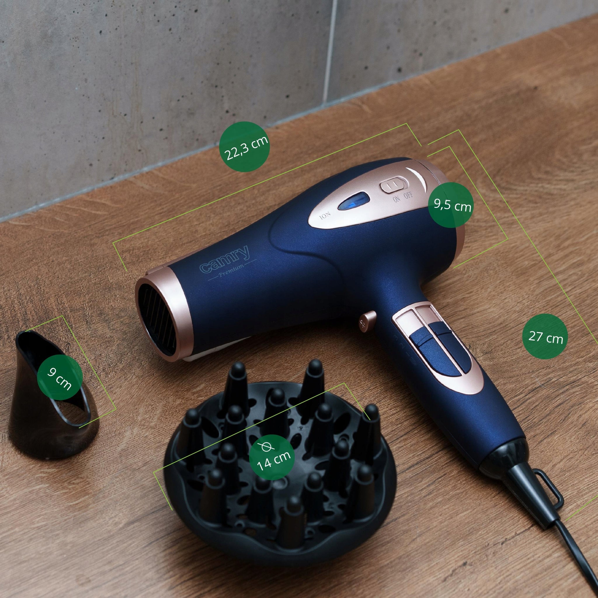 Plaukų džiovintuvas su difuzoriumi, jonizacija, šaltas pūtimas, galingas 2400W