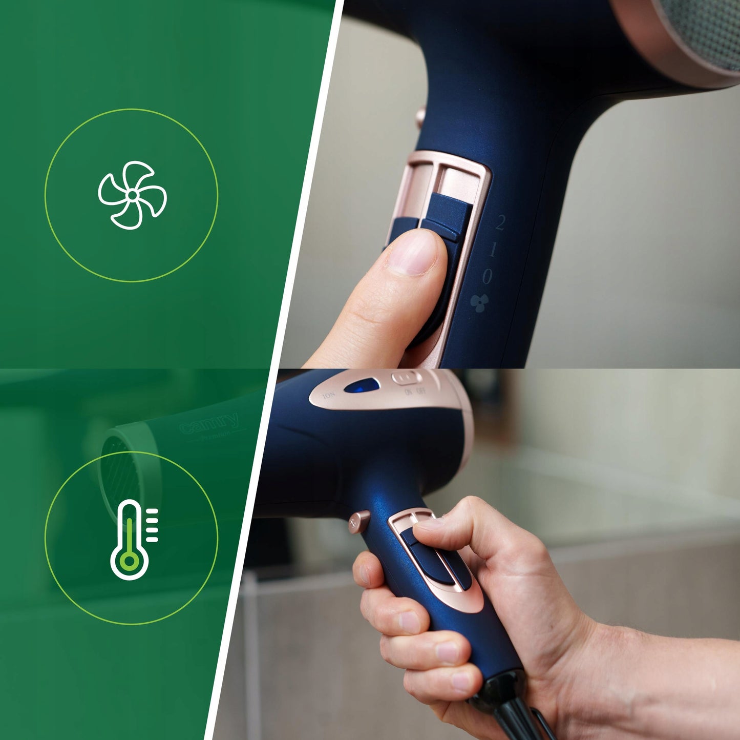 Plaukų džiovintuvas su difuzoriumi, jonizacija, šaltas pūtimas, galingas 2400W