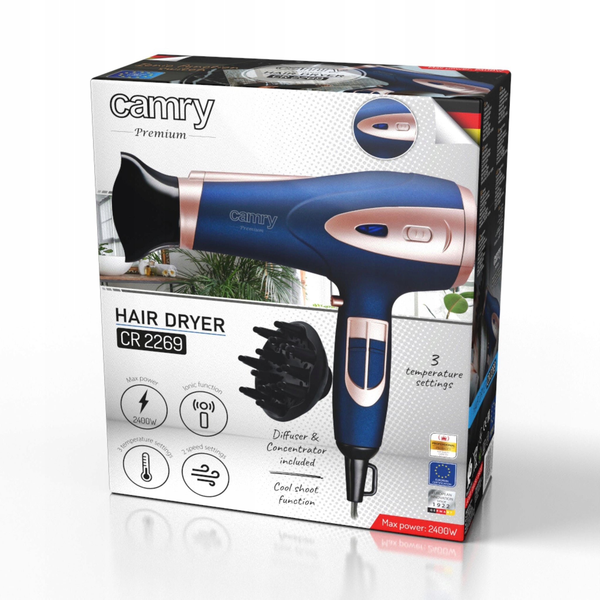 Plaukų džiovintuvas su difuzoriumi, jonizacija, šaltas pūtimas, galingas 2400W