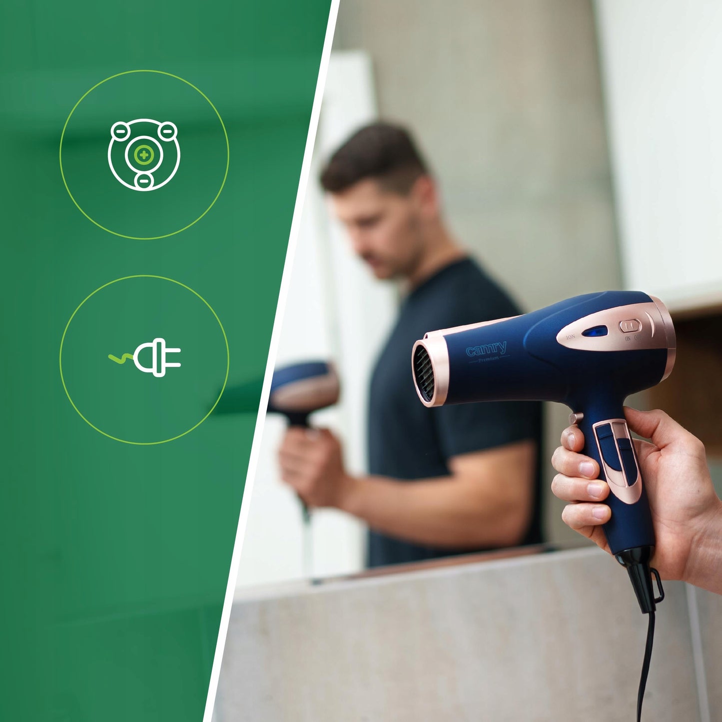 Plaukų džiovintuvas su difuzoriumi, jonizacija, šaltas pūtimas, galingas 2400W