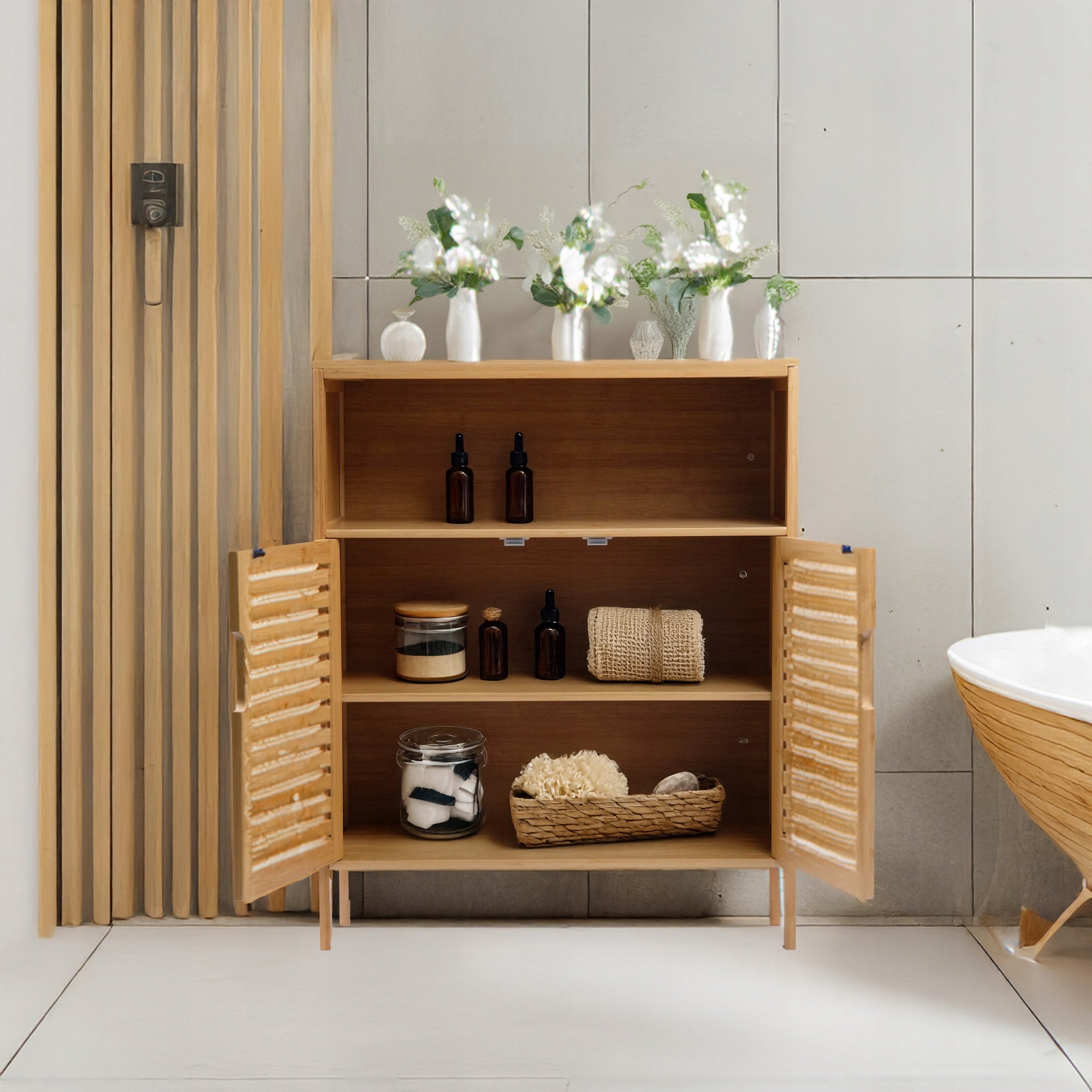 Vonios spintelė bambukinė su stalviršiu Pastatoma su lentynomis Lentynėlė 81x65x31cm