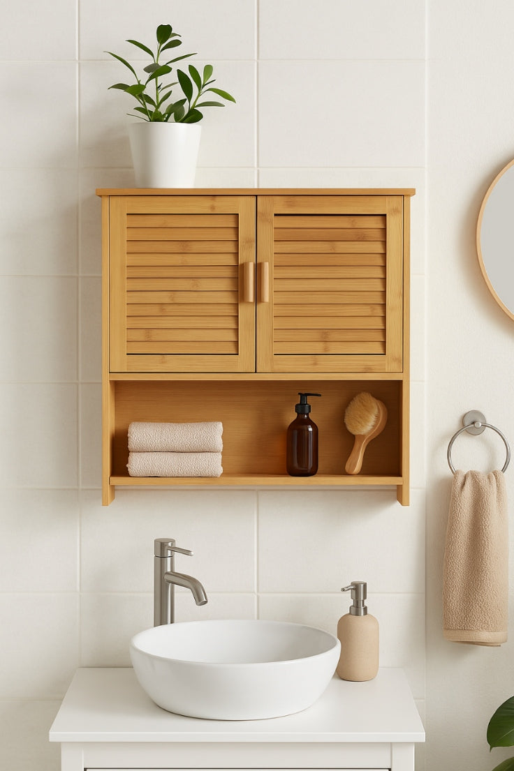 Bambukinė pakabinama vonios spintelė su pakaba virš praustuvės 66x62x20cm