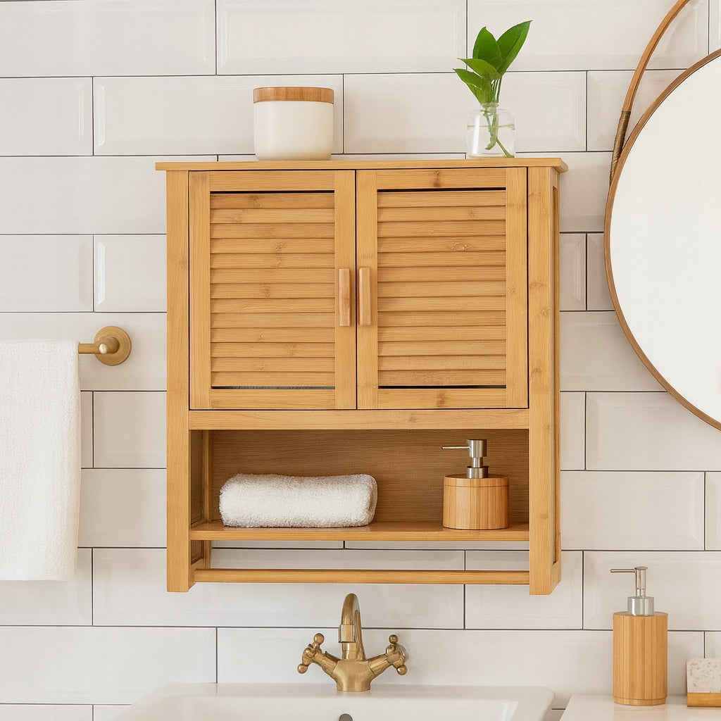 Bambukinė pakabinama vonios spintelė su pakaba virš praustuvės 66x62x20cm