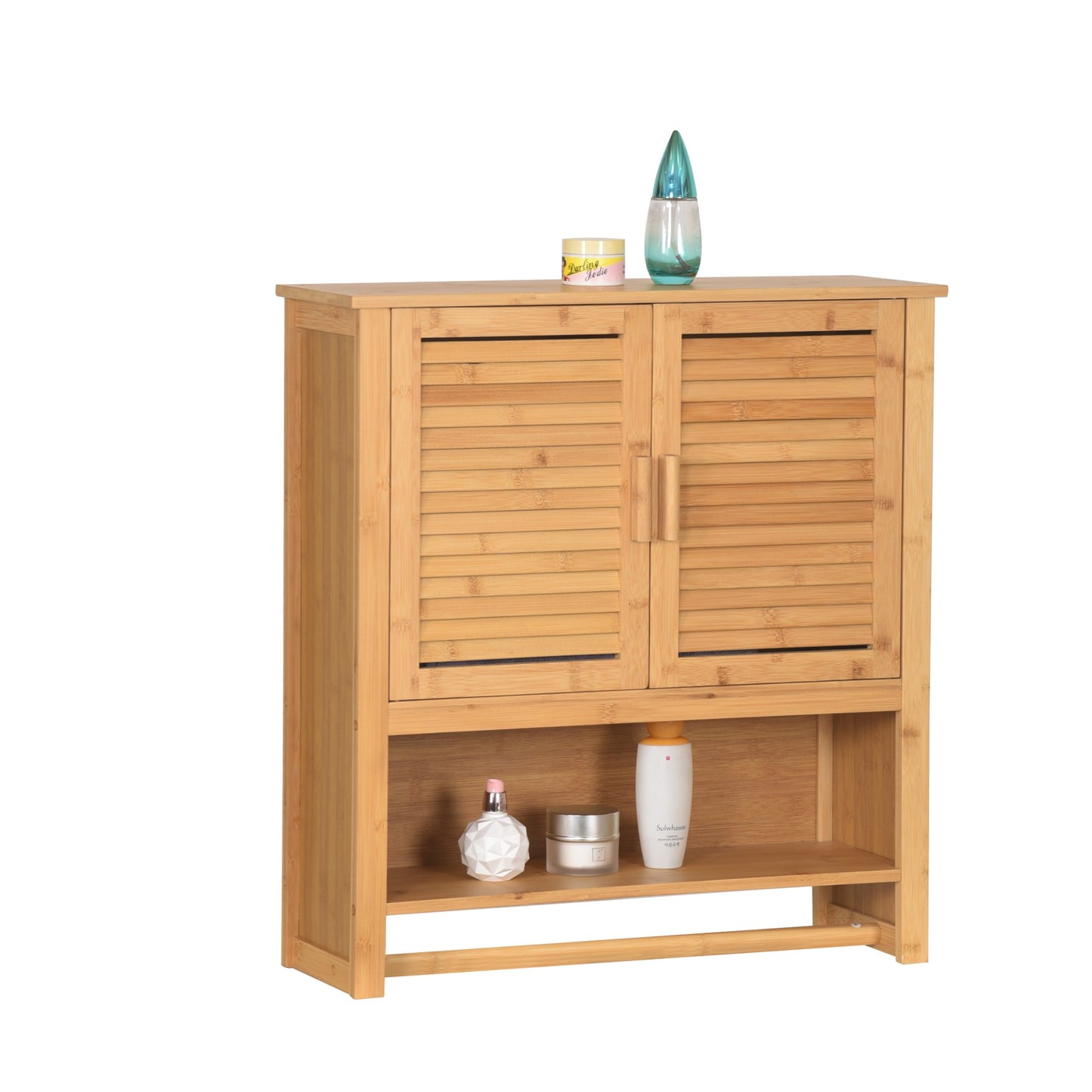 Bambukinė pakabinama vonios spintelė su pakaba virš praustuvės 66x62x20cm