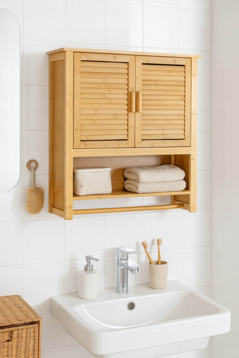 Bambukinė pakabinama vonios spintelė su pakaba virš praustuvės 66x62x20cm