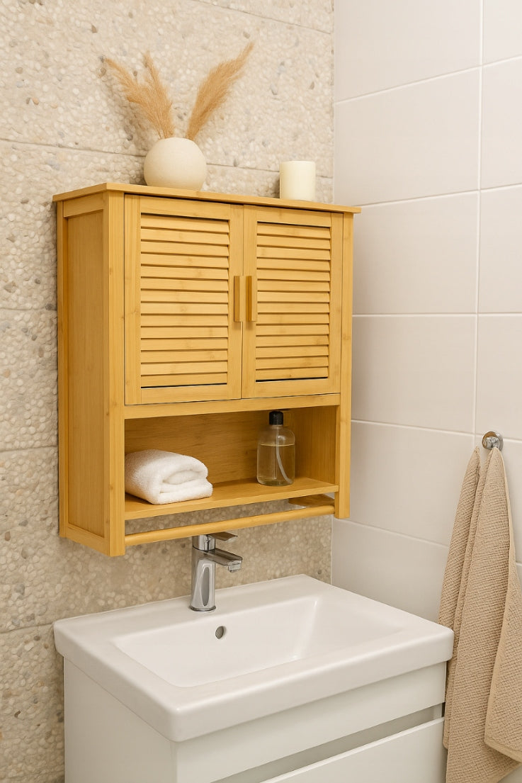 Bambukinė pakabinama vonios spintelė su pakaba virš praustuvės 66x62x20cm