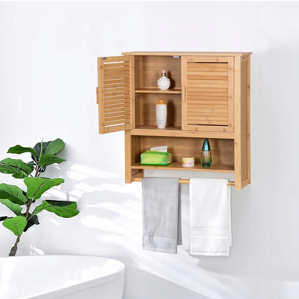 Bambukinė pakabinama vonios spintelė su pakaba virš praustuvės 66x62x20cm