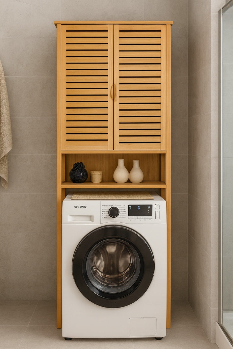 Vonios spintelė virš skalbimo mašinos pastatoma lentyna bambukinė 170x66x23 cm