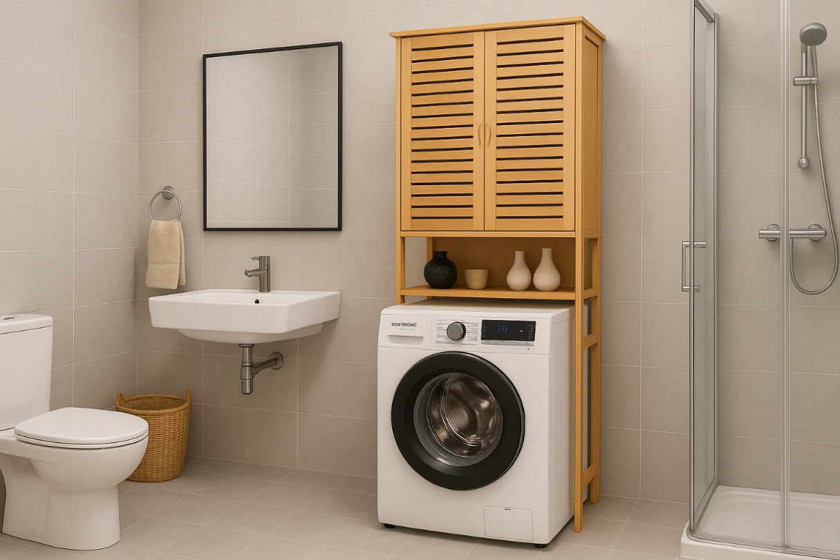 Vonios spintelė virš skalbimo mašinos pastatoma lentyna bambukinė 170x66x23 cm