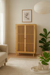 Stovintis spintelės tipo lentyna, skirta svetainei ir prieškambariui, pagaminta iš bambuko, 110x66x40