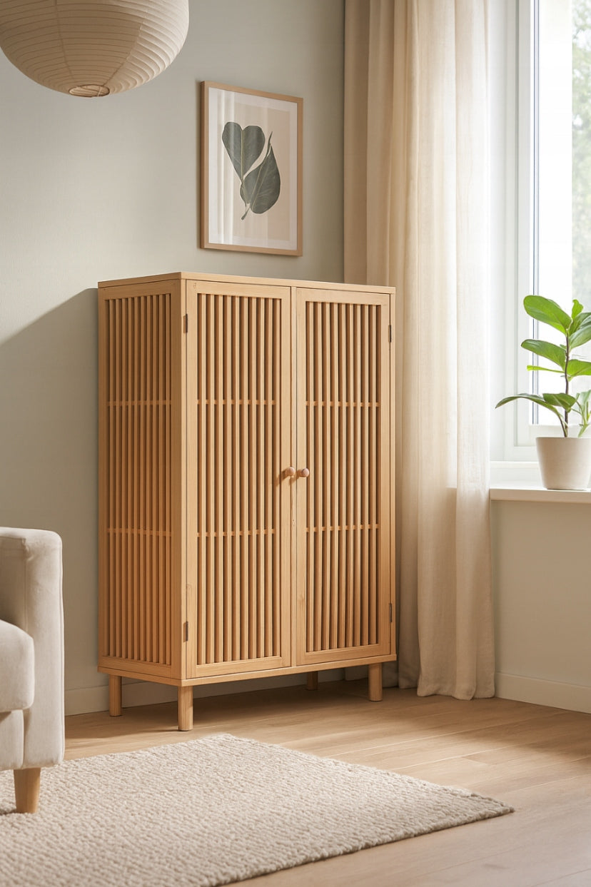 Stovintis spintelės tipo lentyna, skirta svetainei ir prieškambariui, pagaminta iš bambuko, 110x66x40