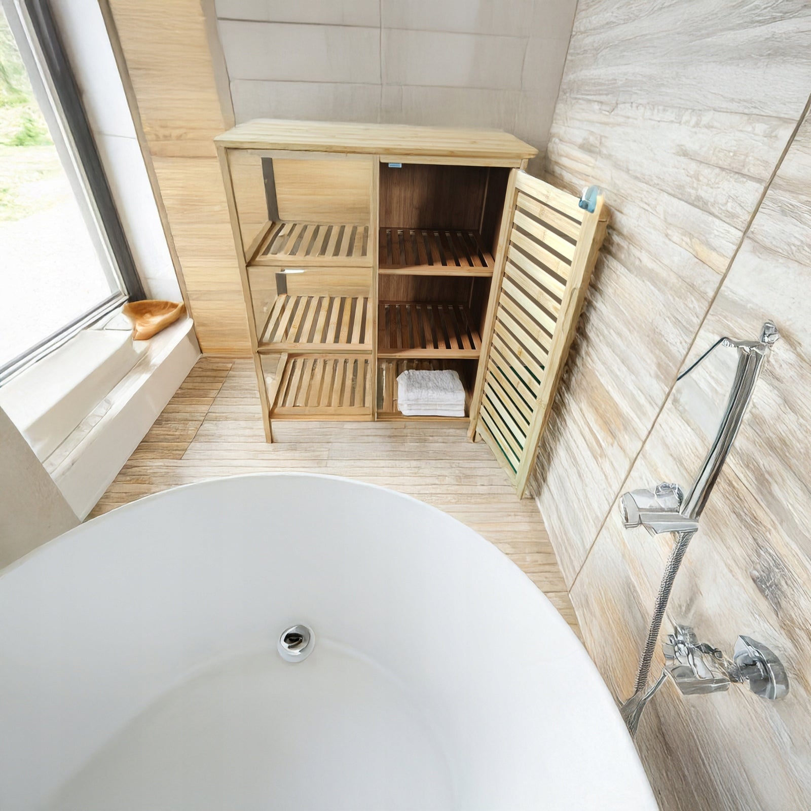 Bambukinė vonios spintelė su 3 lentynomis daiktams laikyti, Rek dasas 87x66x33cm