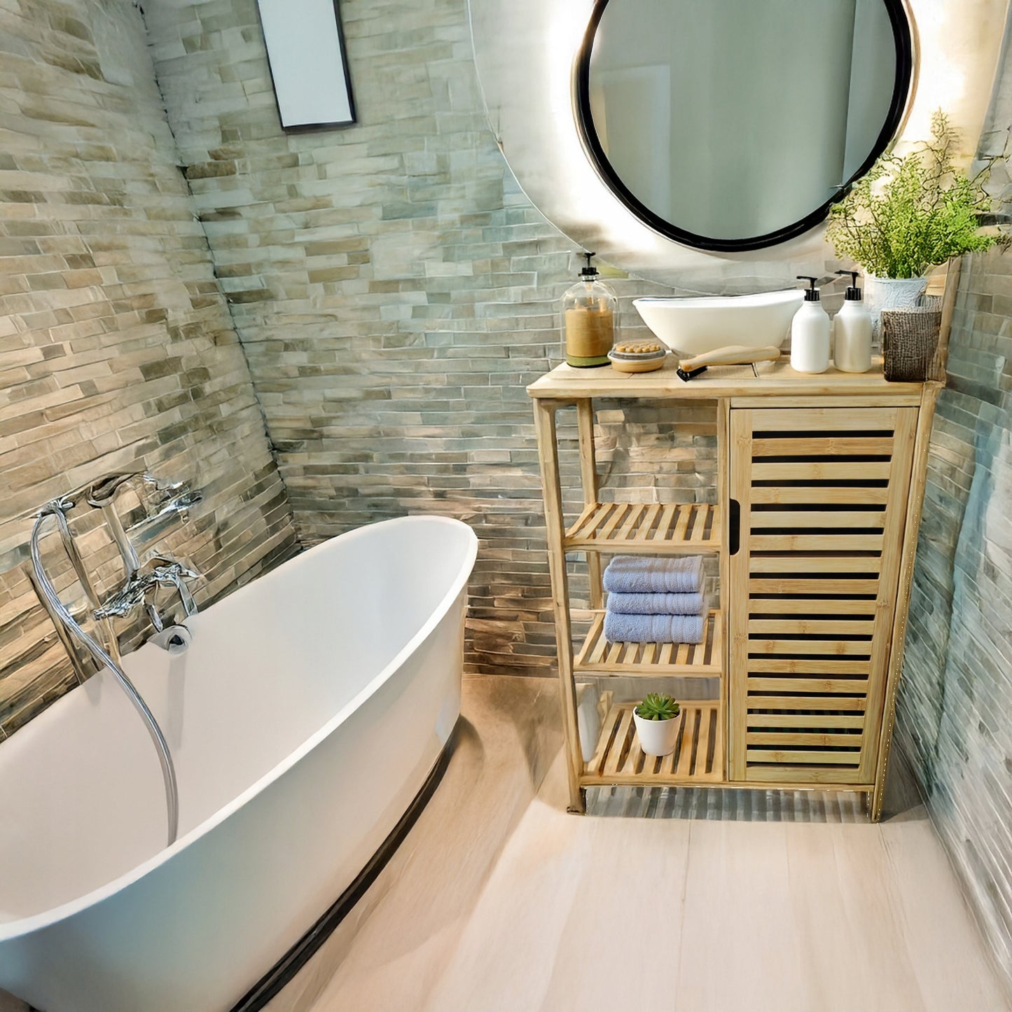 Bambukinė vonios spintelė su 3 lentynomis daiktams laikyti, Rek dasas 87x66x33cm