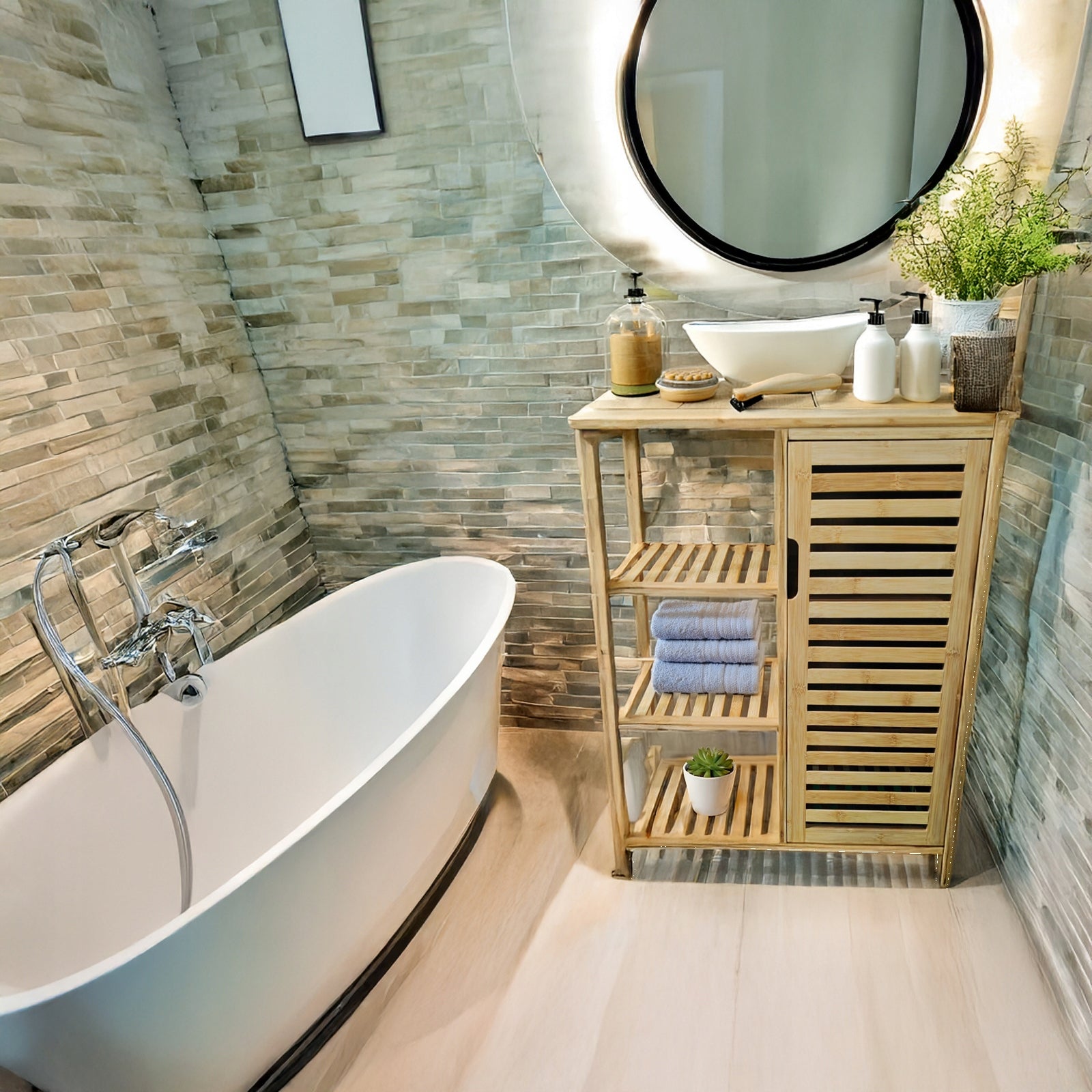 Bambukinė vonios spintelė su 3 lentynomis daiktams laikyti, Rek dasas 87x66x33cm