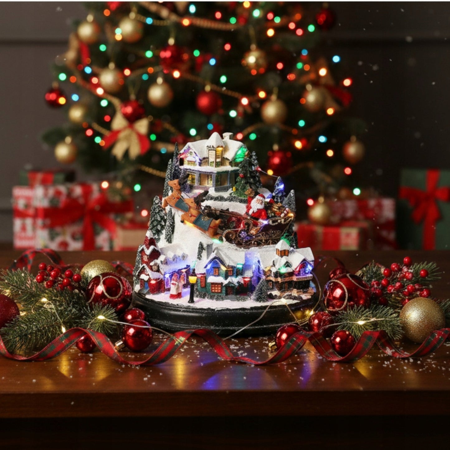 Švediška muzikinė dėžutė KALĖDINIS MIESTELIS, judanti, grojanti, LED, vidinė