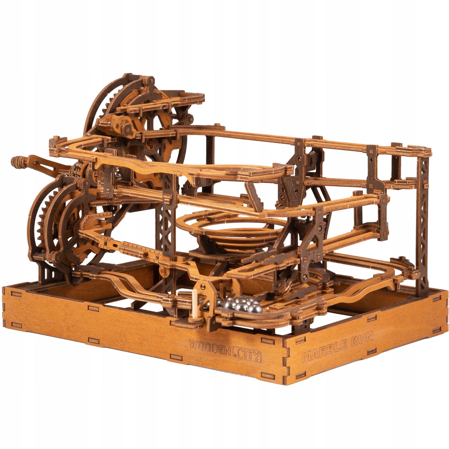 Rutulinis medinis mechaninis medžio masyvo bėgiais Marble Run 3D WOODEN.CITY
