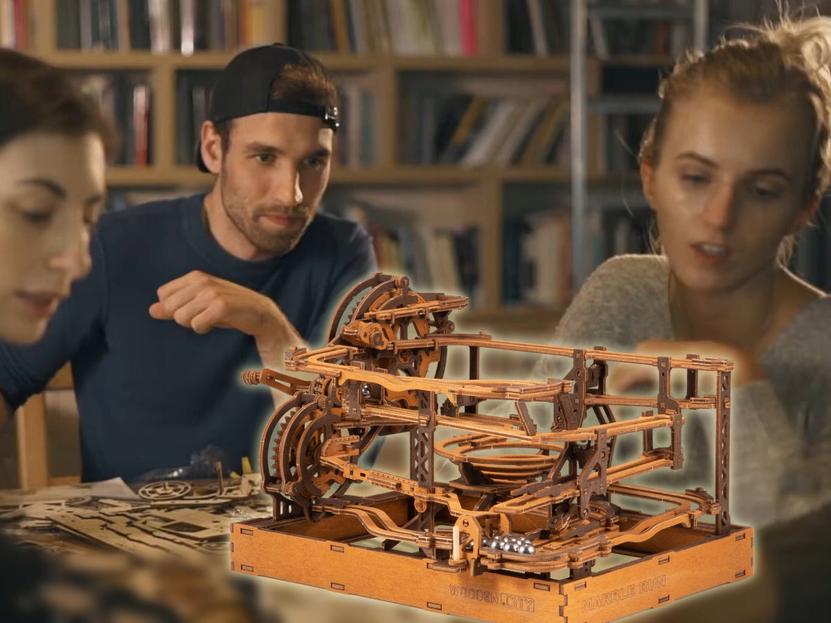 Rutulinis medinis mechaninis medžio masyvo bėgiais Marble Run 3D WOODEN.CITY