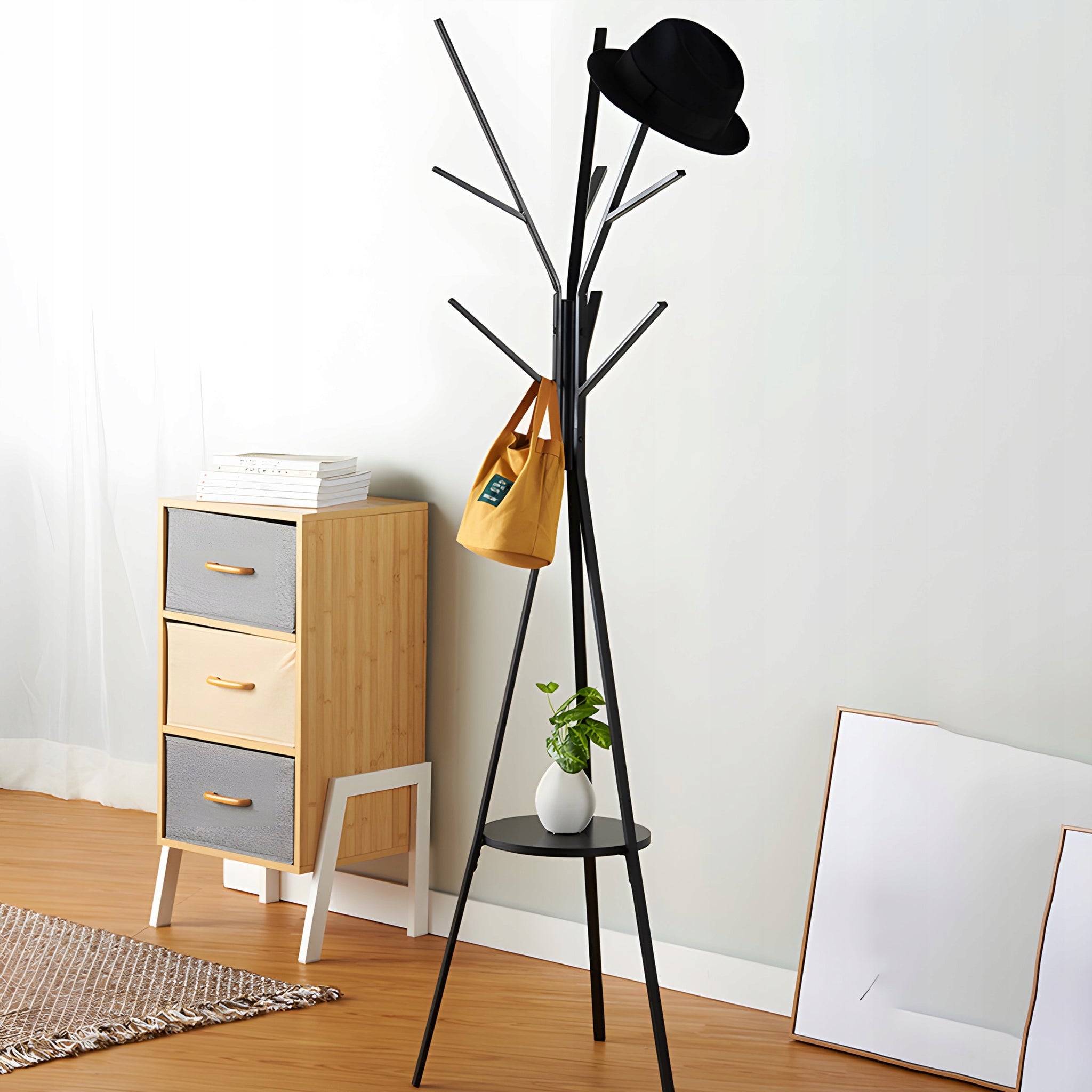 STOVĖJANTI METALINĖ JUODA LOFT STILIAUS 9 KABLIUKŲ 180 CM DRABUŽIŲ KABINIMO KROSNIS