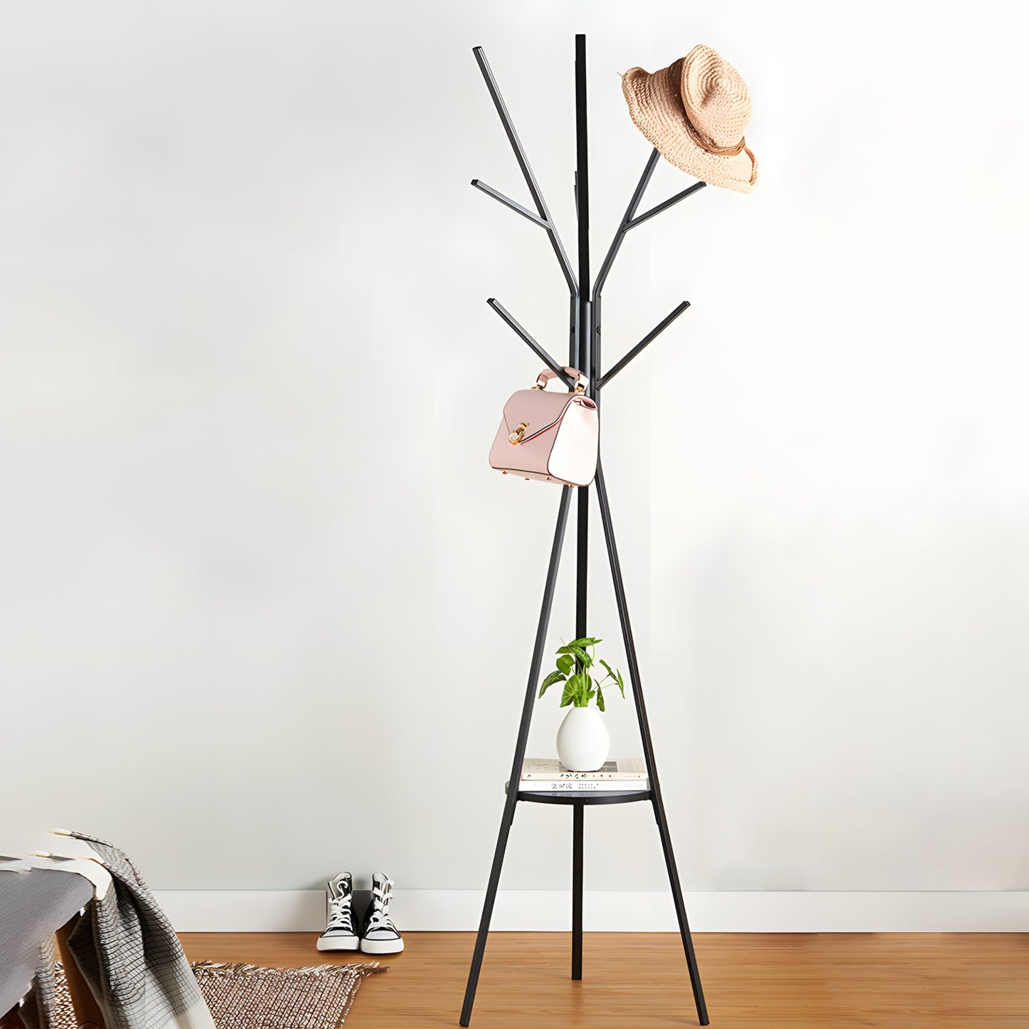 STOVĖJANTI METALINĖ JUODA LOFT STILIAUS 9 KABLIUKŲ 180 CM DRABUŽIŲ KABINIMO KROSNIS