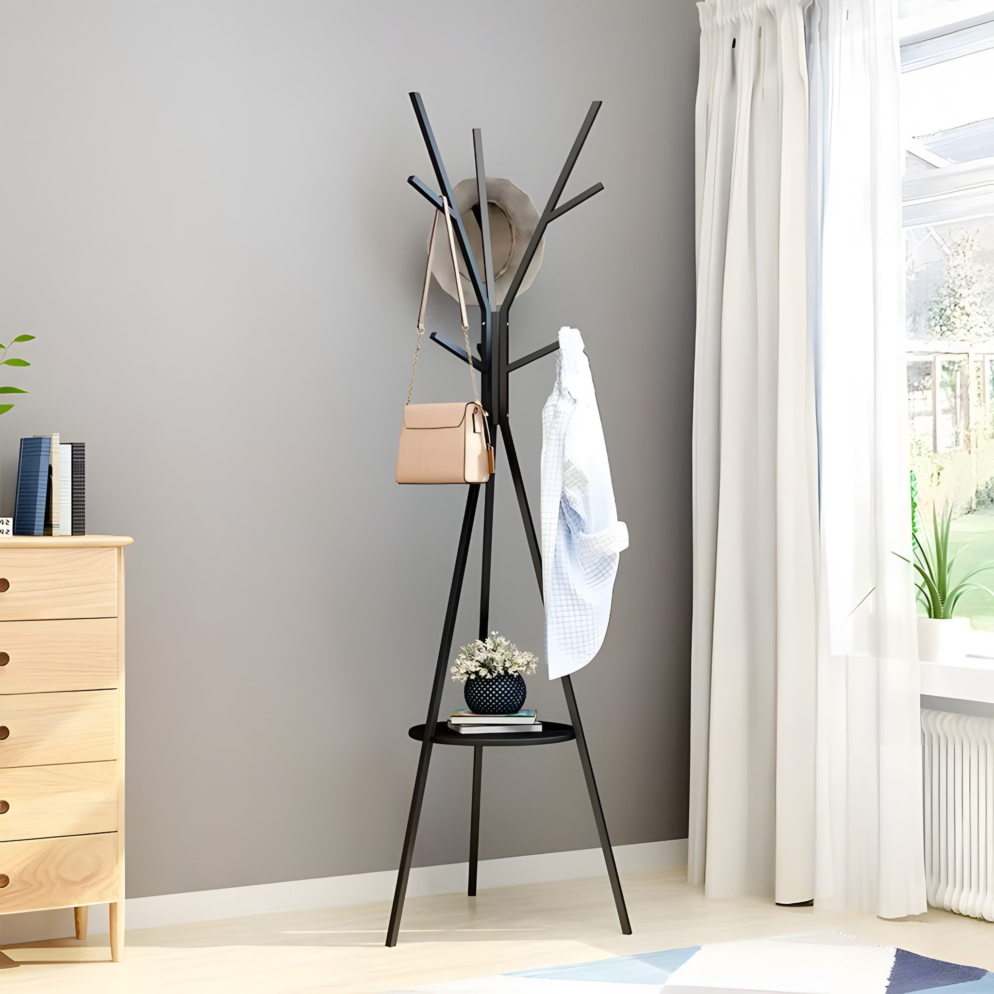 STOVĖJANTI METALINĖ JUODA LOFT STILIAUS 9 KABLIUKŲ 180 CM DRABUŽIŲ KABINIMO KROSNIS