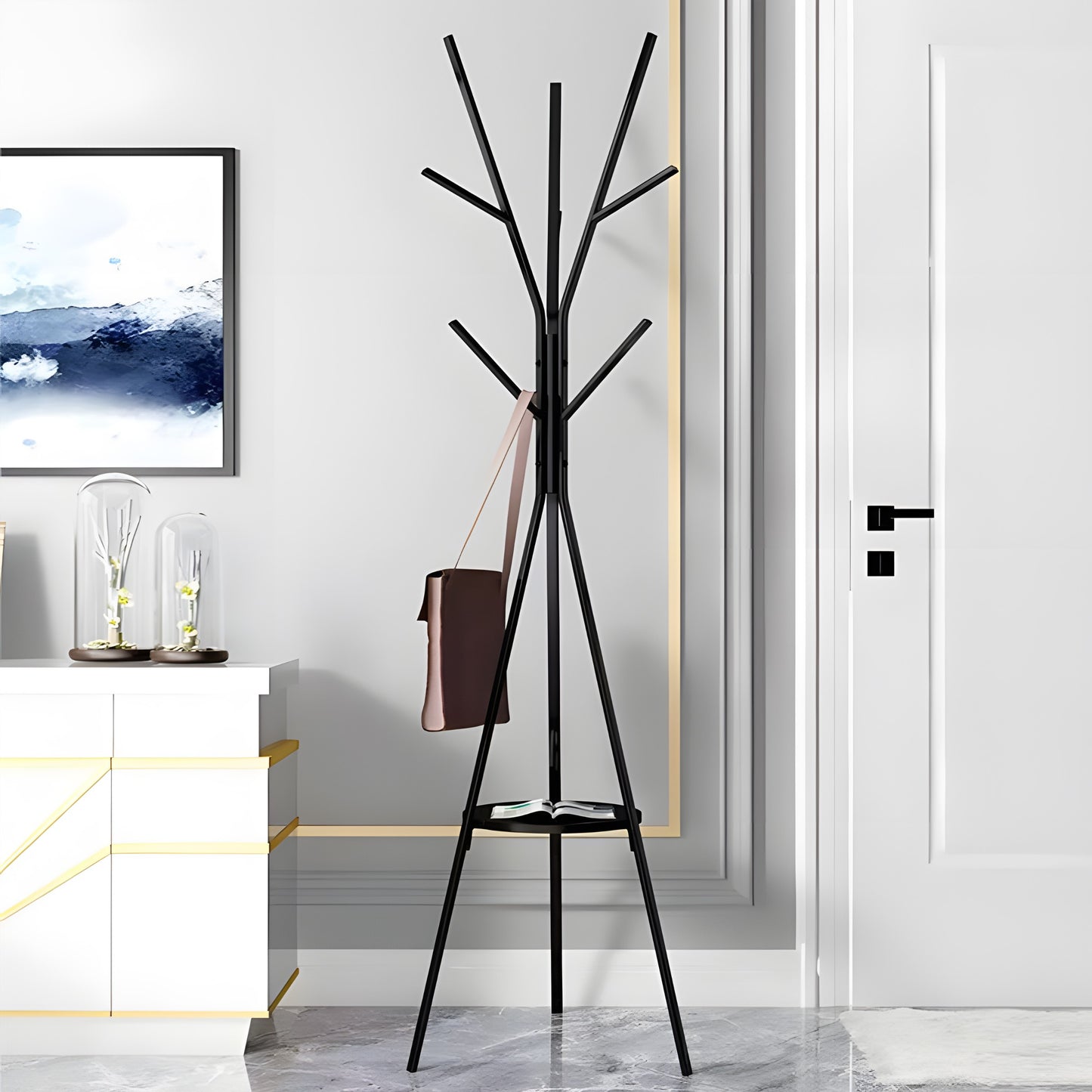 STOVĖJANTI METALINĖ JUODA LOFT STILIAUS 9 KABLIUKŲ 180 CM DRABUŽIŲ KABINIMO KROSNIS