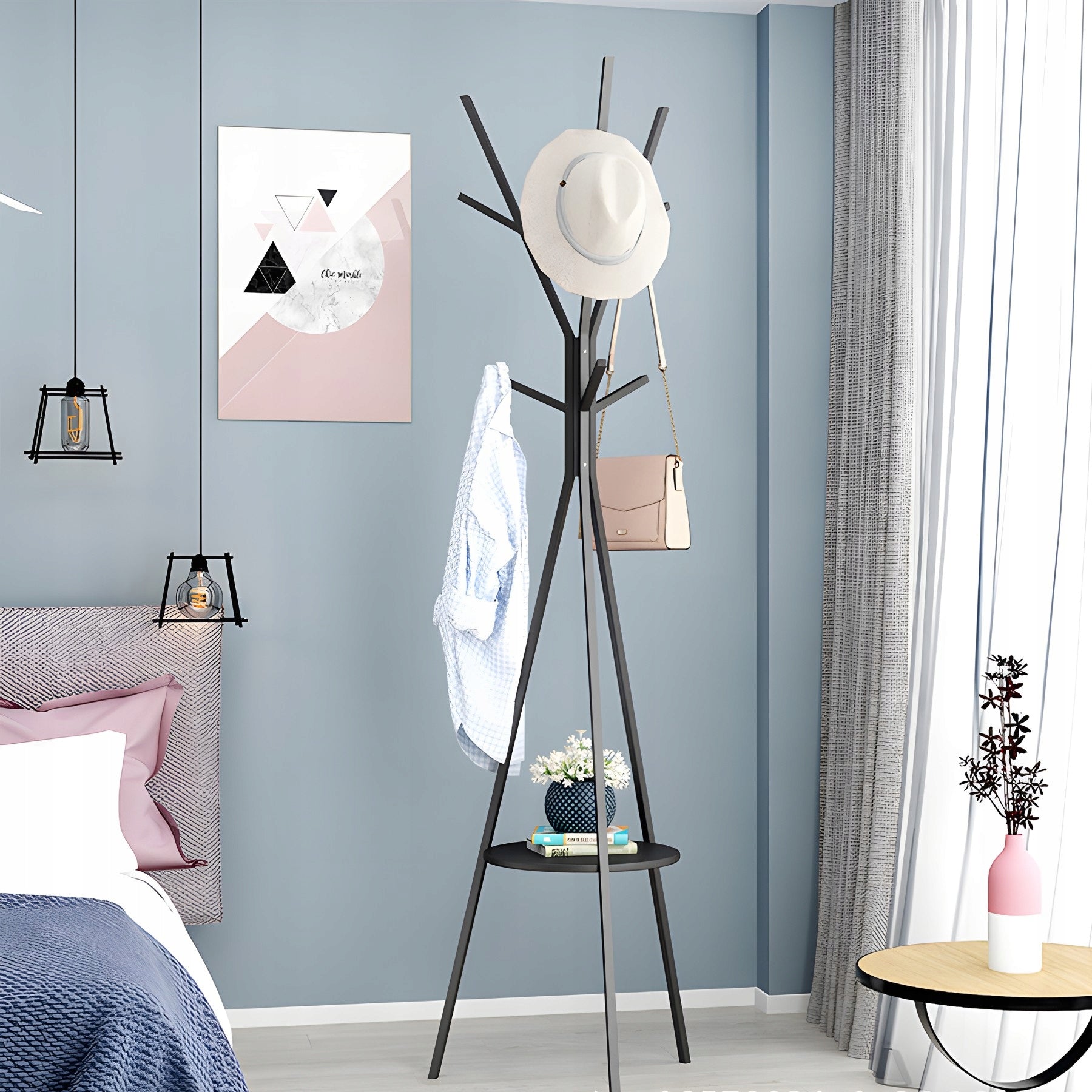 STOVĖJANTI METALINĖ JUODA LOFT STILIAUS 9 KABLIUKŲ 180 CM DRABUŽIŲ KABINIMO KROSNIS