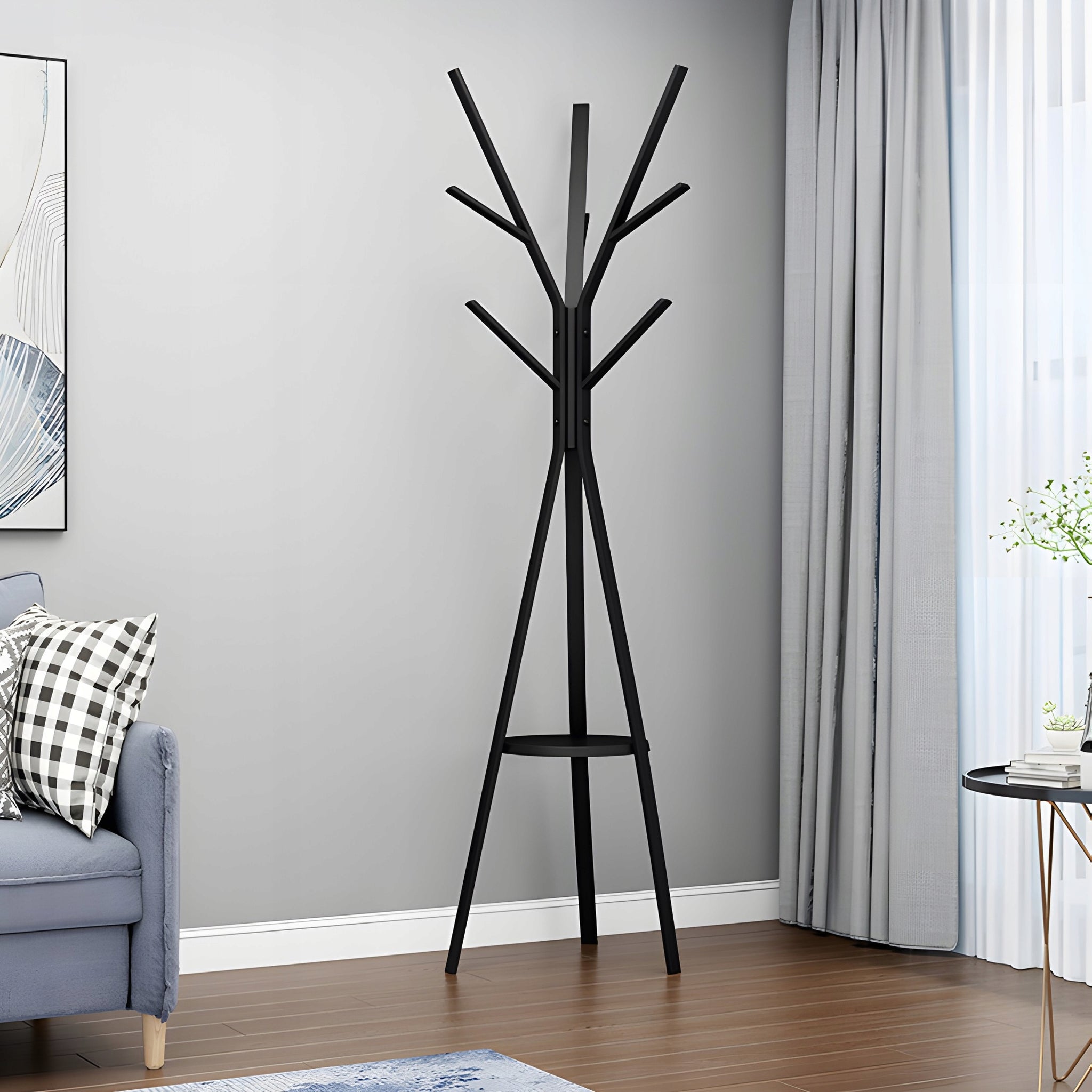 STOVĖJANTI METALINĖ JUODA LOFT STILIAUS 9 KABLIUKŲ 180 CM DRABUŽIŲ KABINIMO KROSNIS