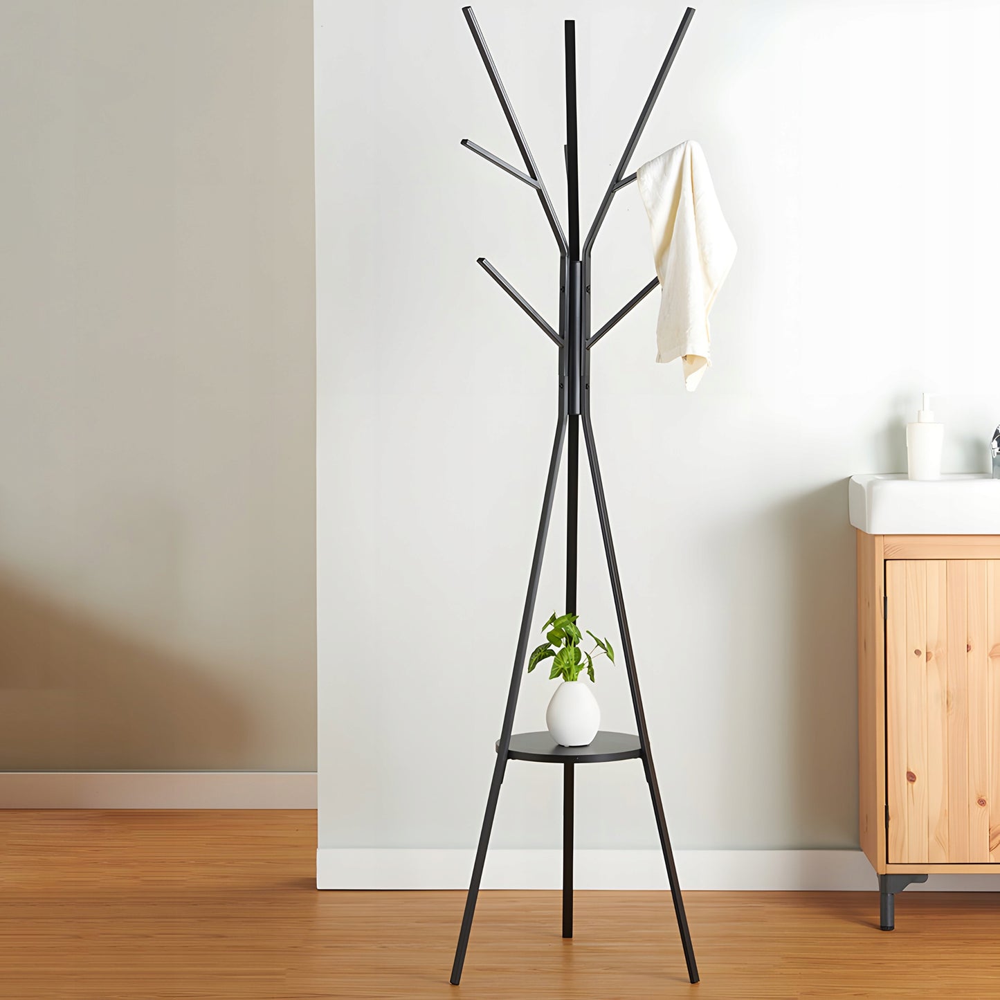 STOVĖJANTI METALINĖ JUODA LOFT STILIAUS 9 KABLIUKŲ 180 CM DRABUŽIŲ KABINIMO KROSNIS