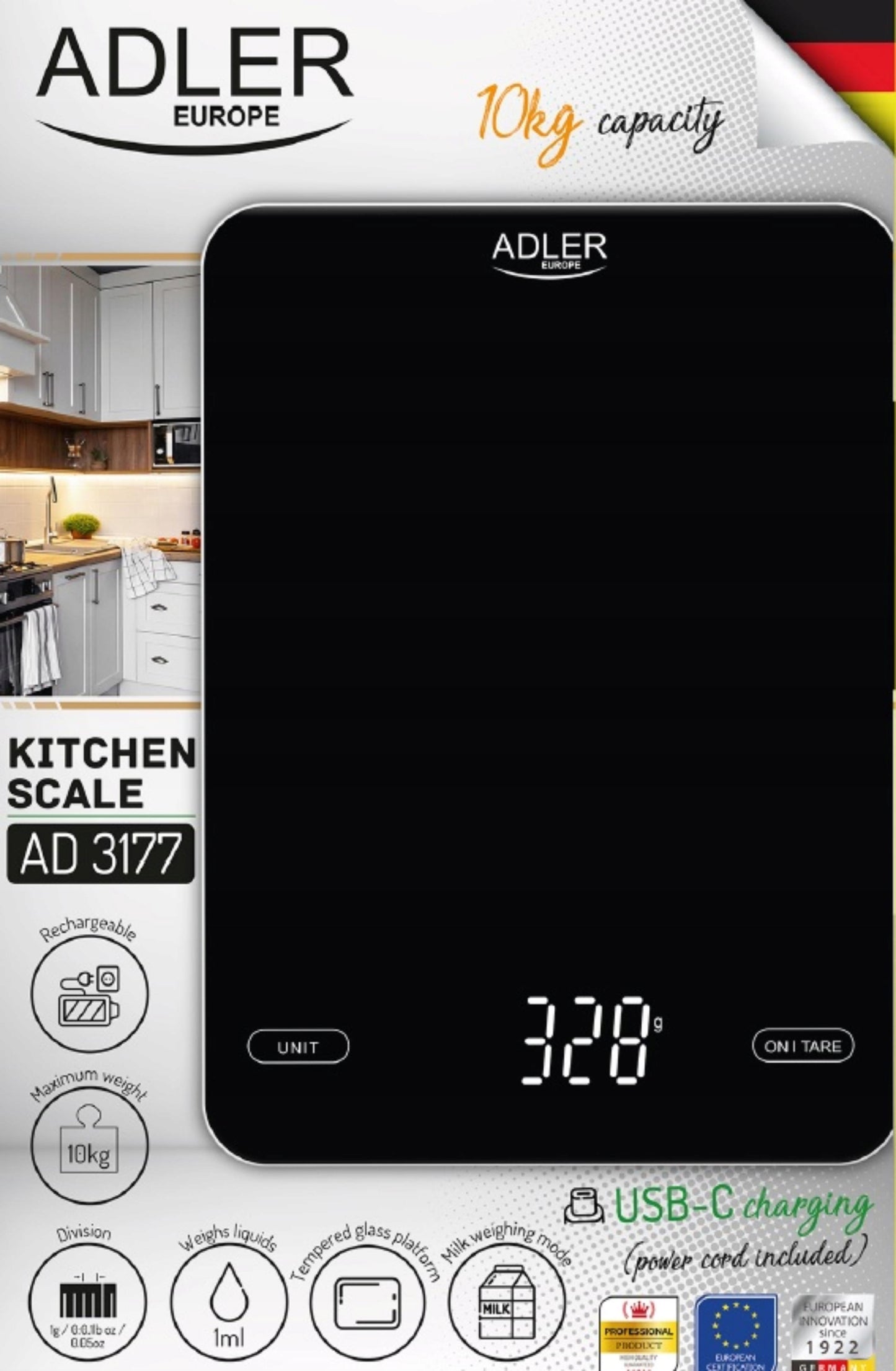 Elektroninės virtuvinės svarstyklės 10kg LED USB įkrovimas juodos