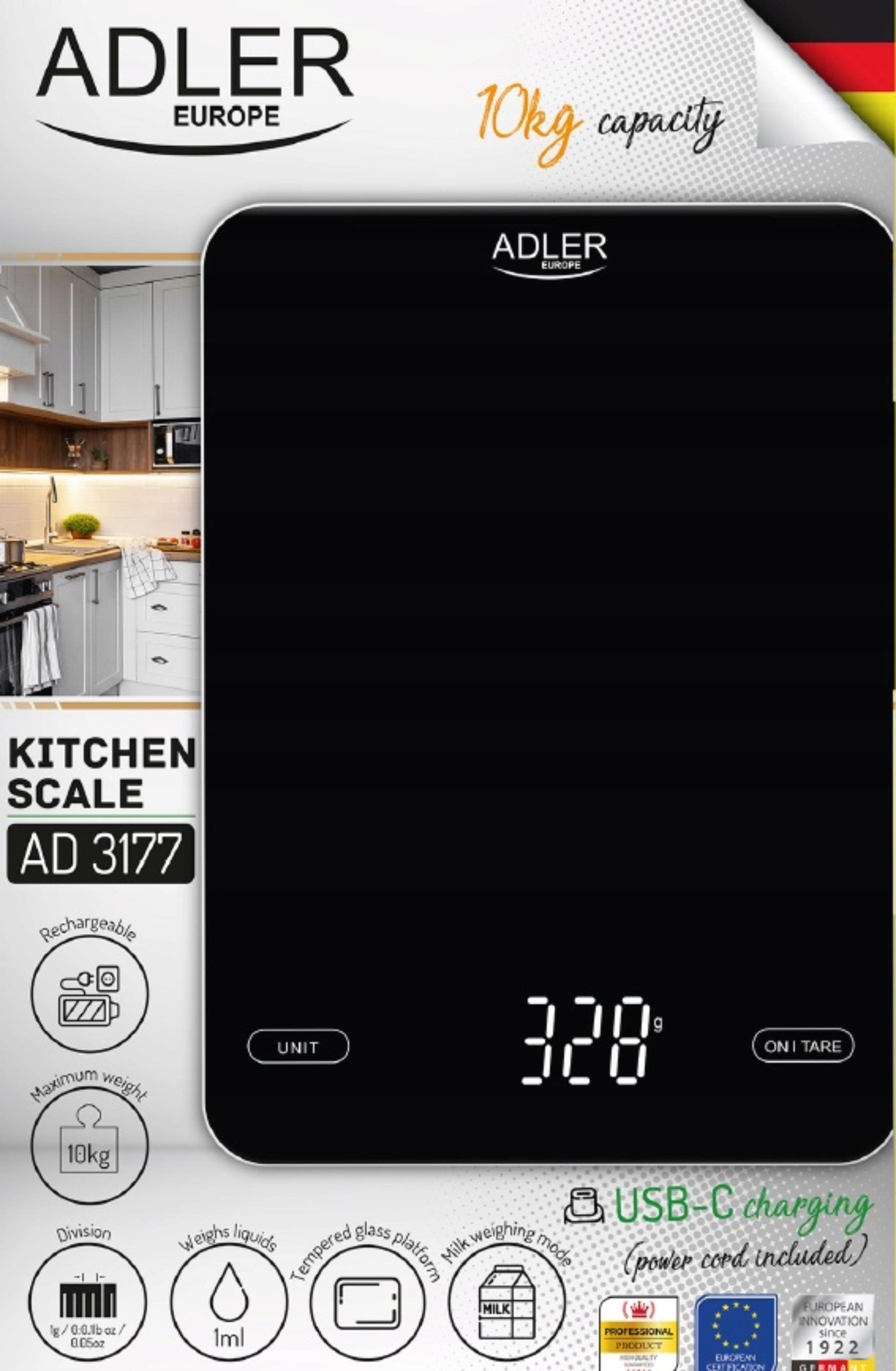 Elektroninės virtuvinės svarstyklės 10kg LED USB įkrovimas juodos