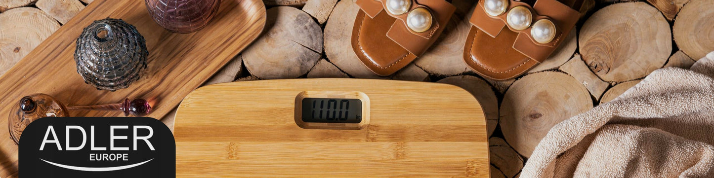 Vonios svarstyklės Bambukinės Elektroninės Stiklinės Tikslios iki 150 kg Adler