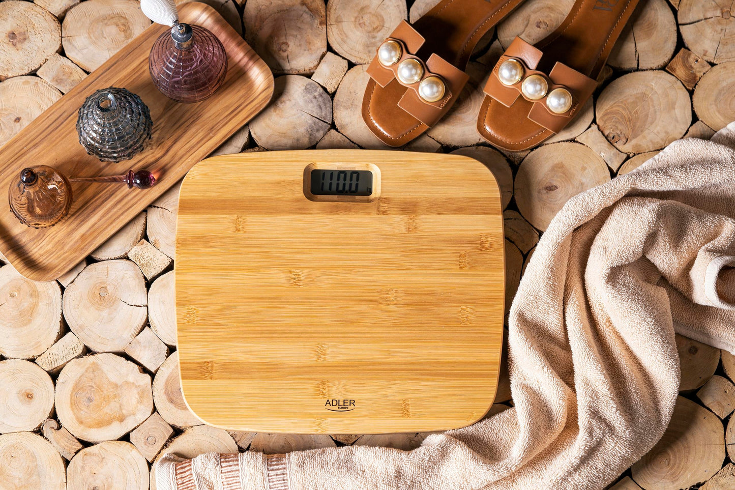 Vonios svarstyklės Bambukinės Elektroninės Stiklinės Tikslios iki 150 kg Adler