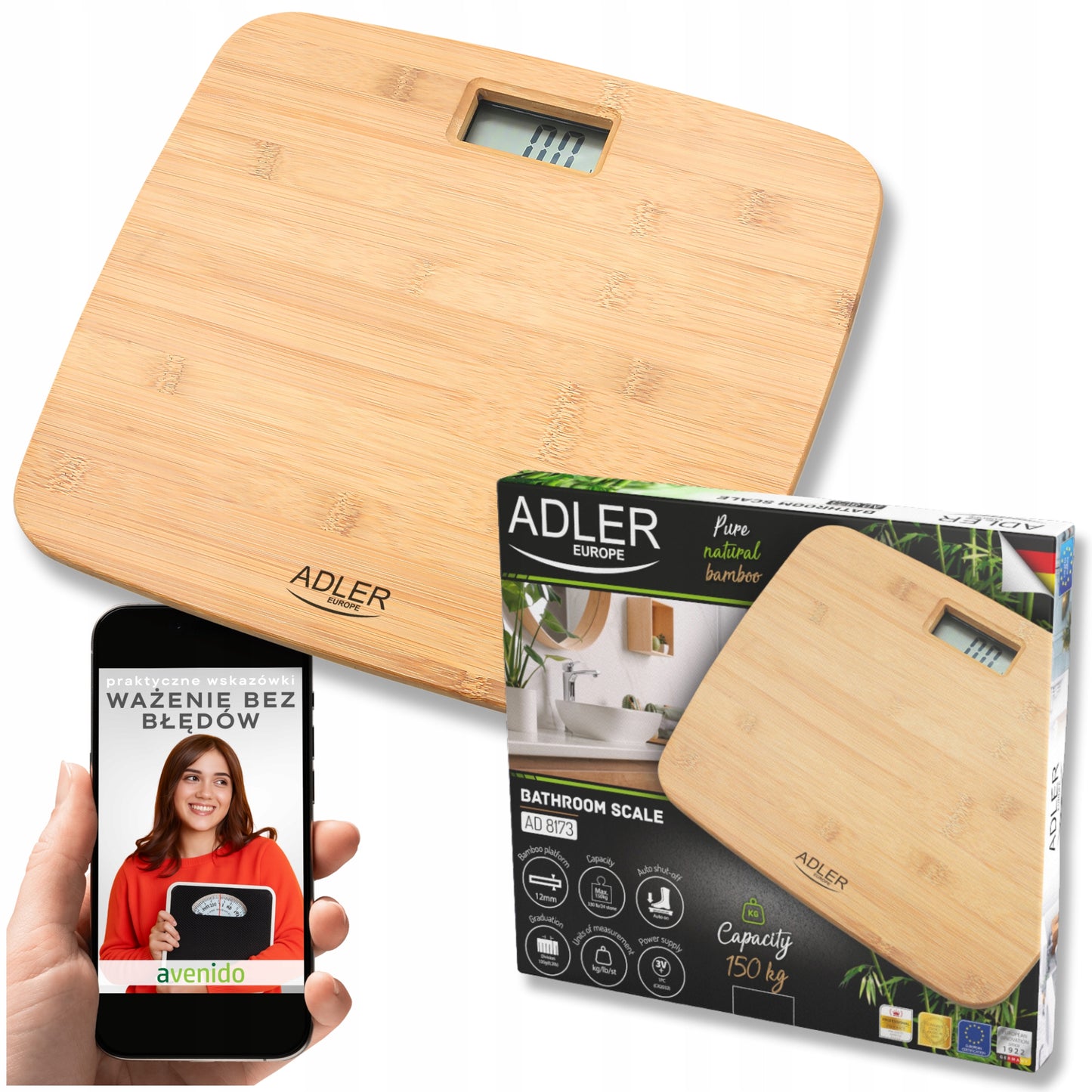 Vonios svarstyklės Bambukinės Elektroninės Stiklinės Tikslios iki 150 kg Adler