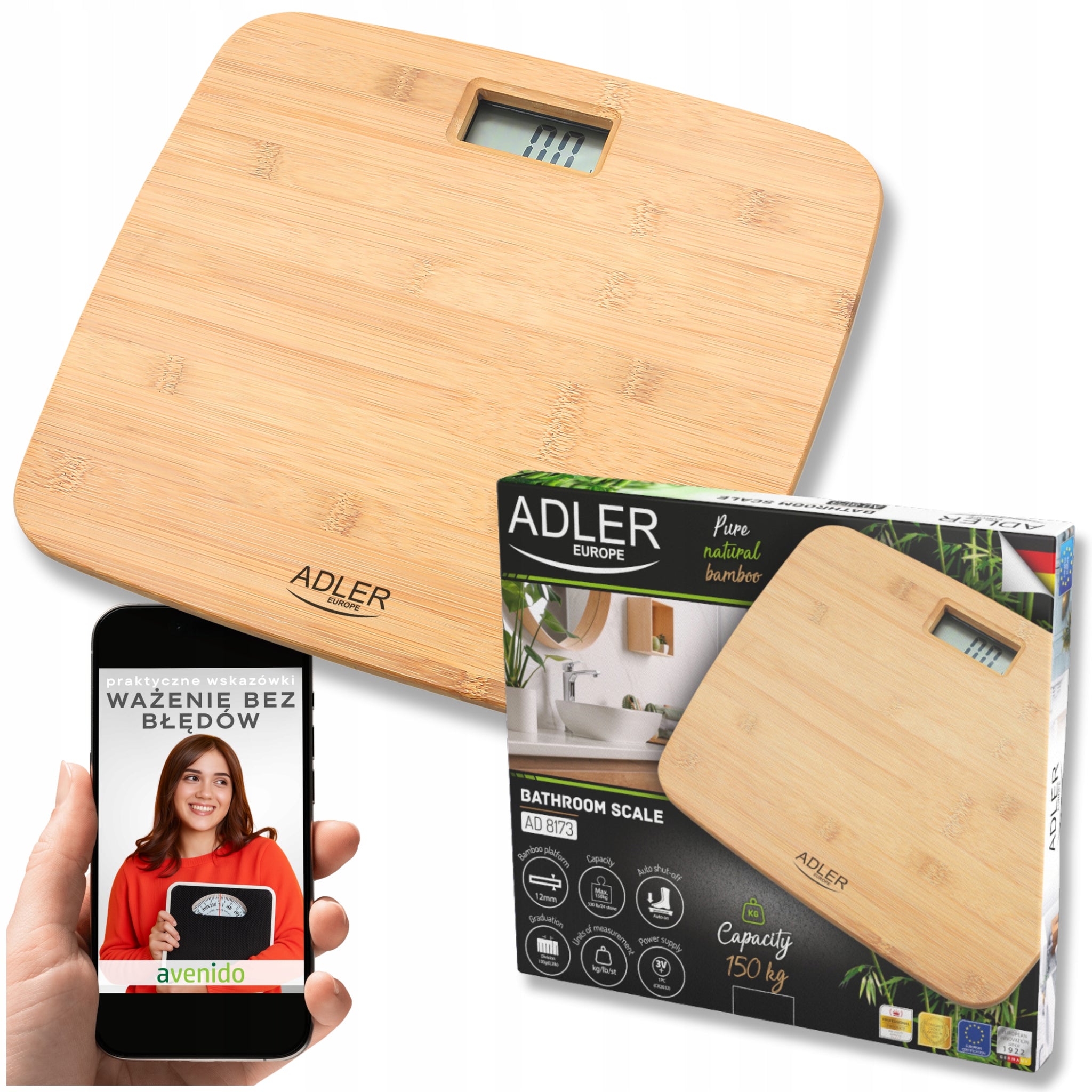 Vonios svarstyklės Bambukinės Elektroninės Stiklinės Tikslios iki 150 kg Adler
