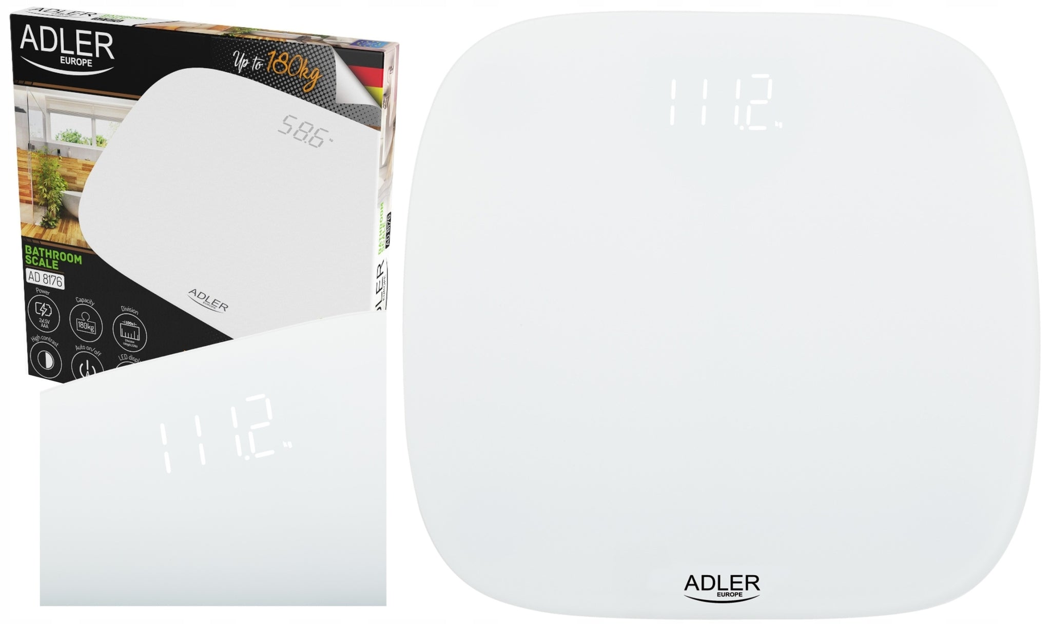 Elektroninės stiklinės vonios svarstyklės, tikslumo iki 180kg, grynos baltos spalvos, LED