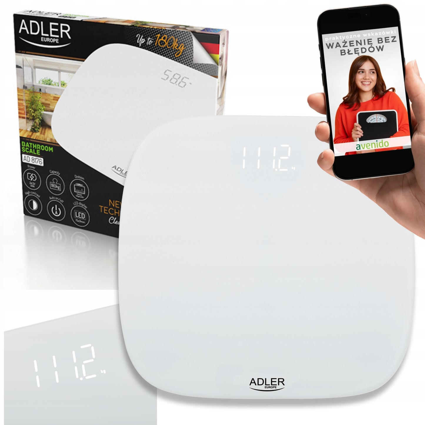 Elektroninės stiklinės vonios svarstyklės, tikslumo iki 180kg, grynos baltos spalvos, LED