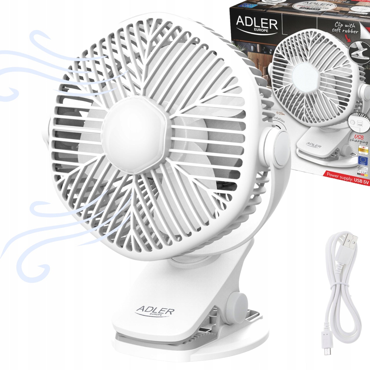 Mini stalo ventiliatorius, akumuliatorinis, su spaustuku, 3 greičių, LED, namams ir sodui
