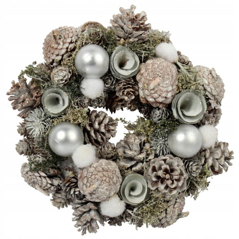 Kalėdinis vainikas, durų dekoracija, 26 cm, sidabro ir rudos spalvos, šventinė puošmena