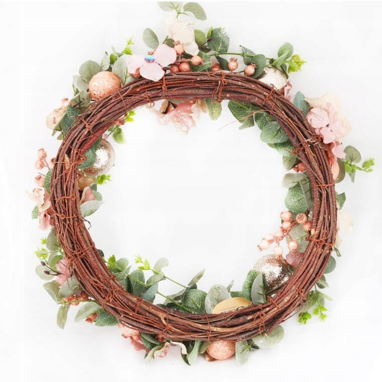 Kalėdinis vainikas gausiai papuoštas lašišos spalvos su blizgučiais 50 cm DEKORACIJA