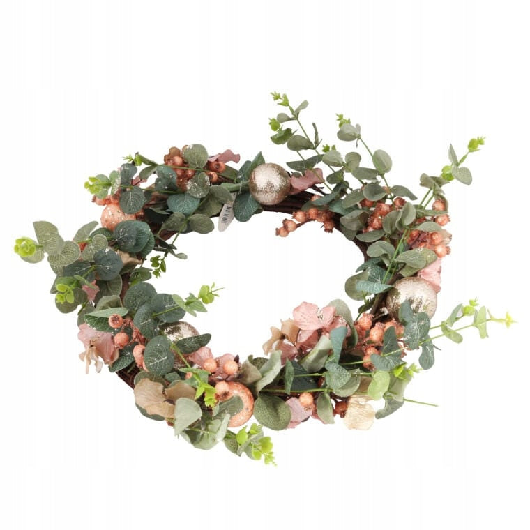 Kalėdinis vainikas gausiai papuoštas lašišos spalvos su blizgučiais 50 cm DEKORACIJA