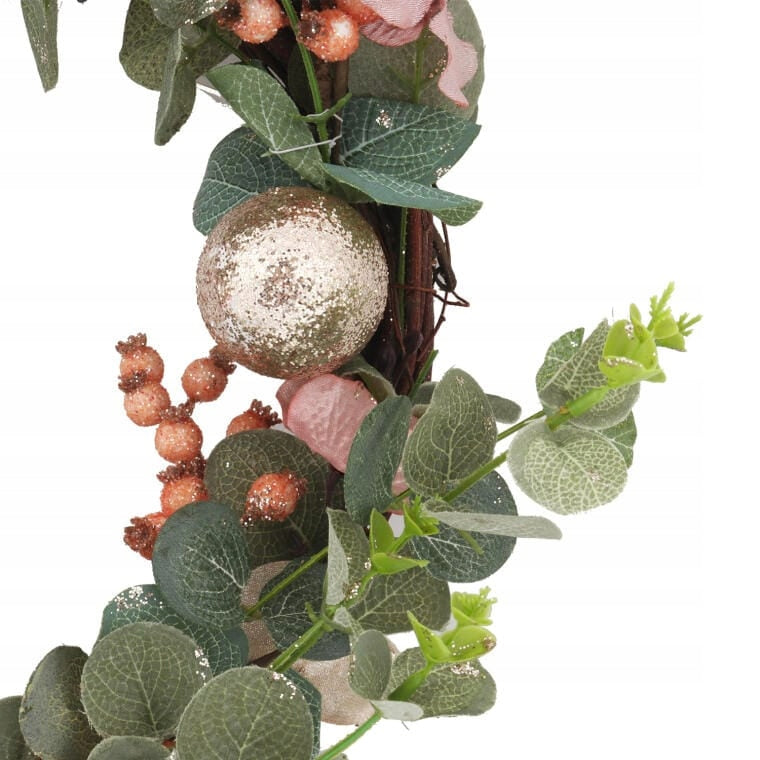 Kalėdinis vainikas gausiai papuoštas lašišos spalvos su blizgučiais 50 cm DEKORACIJA