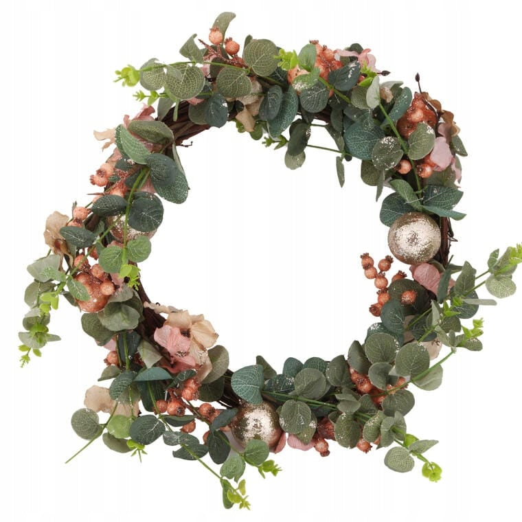 Kalėdinis vainikas gausiai papuoštas lašišos spalvos su blizgučiais 50 cm DEKORACIJA