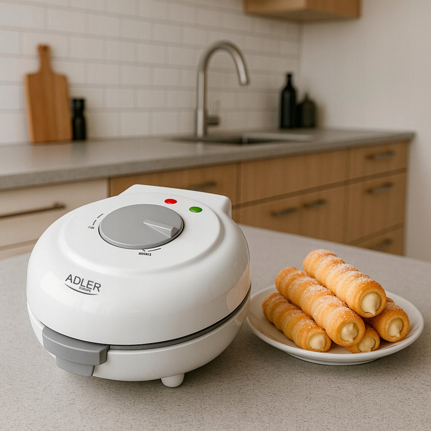 Vaflinė ragučių, vamzdelių, dubenėlių, nepridegančios plokštelės, galinga 1500W