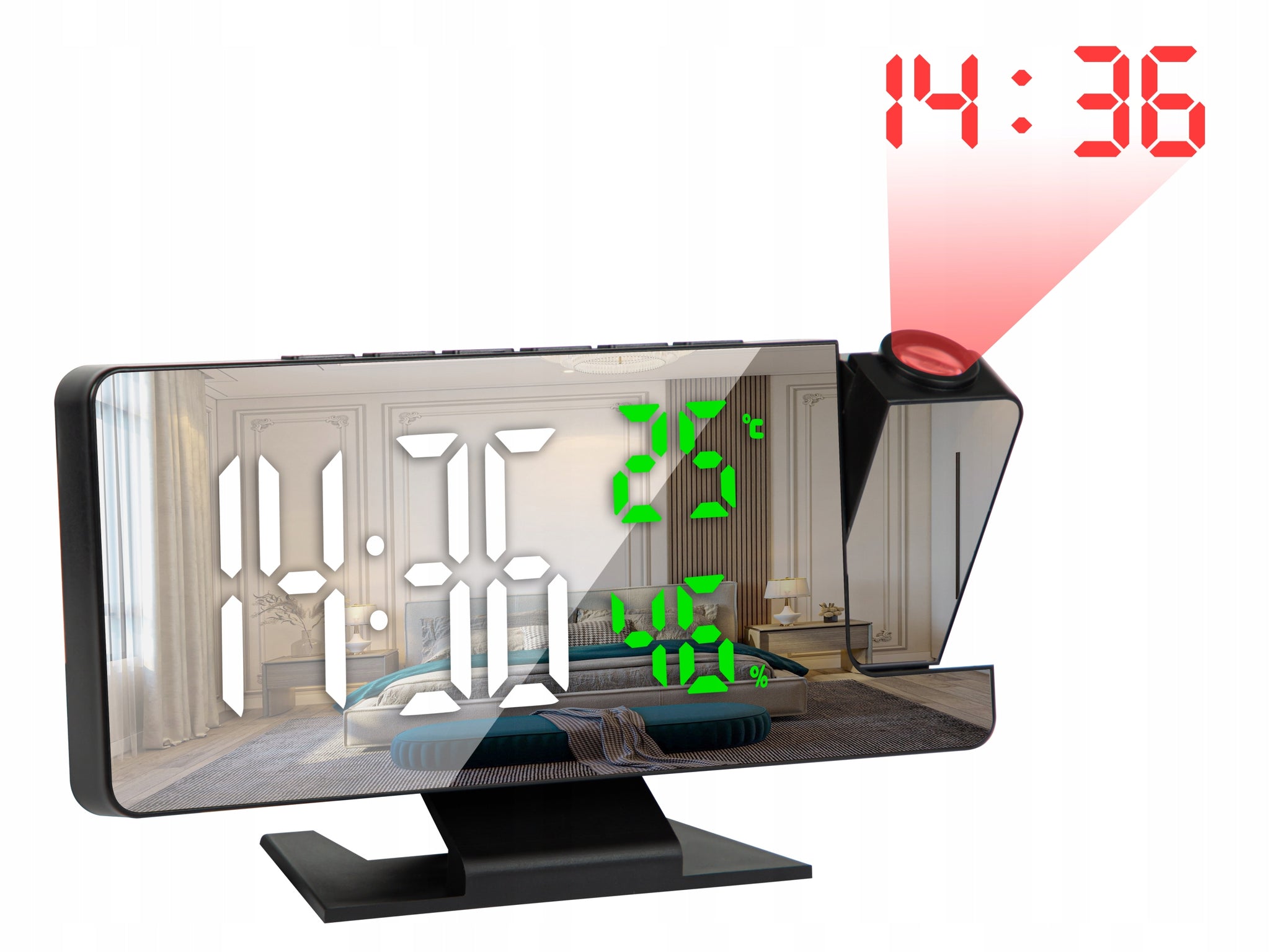 ELEKTRONINIS ŽADINTUVAS SU SKAITMENIU, LED PROJEKTORIUMI, VEIDRODŽIU IR TERMOMETRU