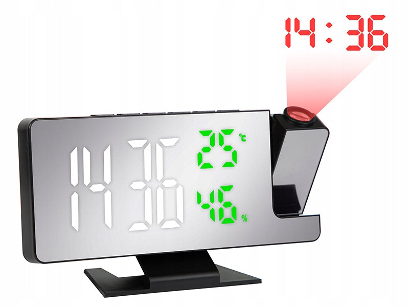 ELEKTRONINIS ŽADINTUVAS SU SKAITMENIU, LED PROJEKTORIUMI, VEIDRODŽIU IR TERMOMETRU