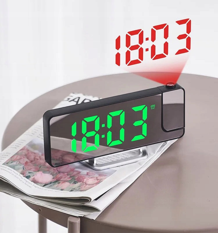 ELEKTRONINIS ŽADINTUVAS SU SKAITMENIU, LED PROJEKTORIUMI, VEIDRODŽIU IR TERMOMETRU