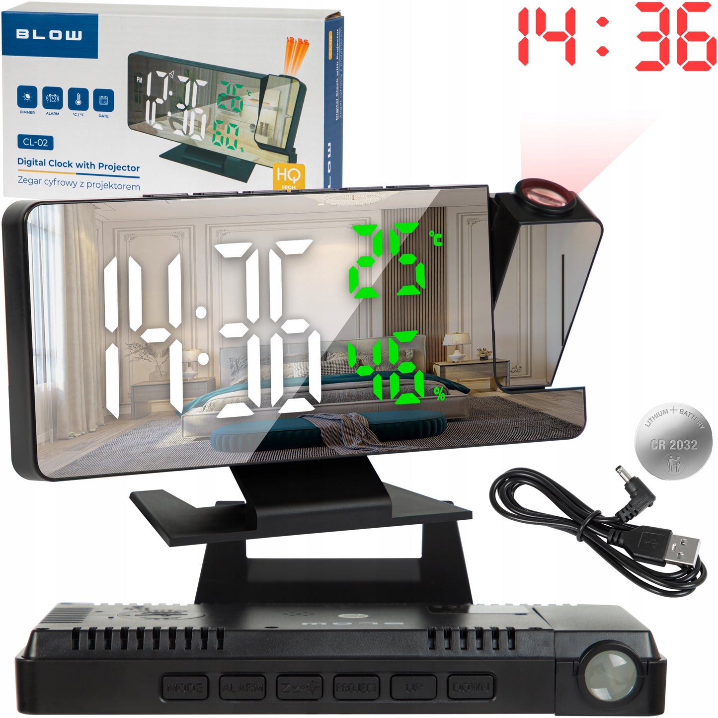 ELEKTRONINIS ŽADINTUVAS SU SKAITMENIU, LED PROJEKTORIUMI, VEIDRODŽIU IR TERMOMETRU